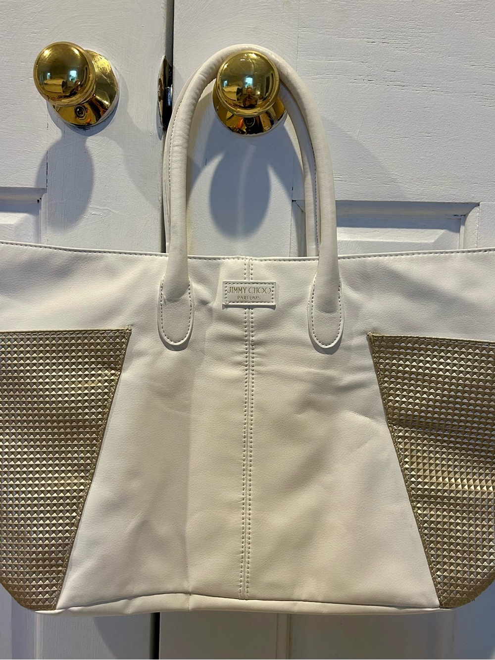 Jimmy Choo White faux Leather Tote with Gold Studded Panels